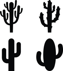Fototapeta premium A set of four black silhouette cacti in various shapes and sizes on a white background, representing a desert landscape concept in a simple line art design.