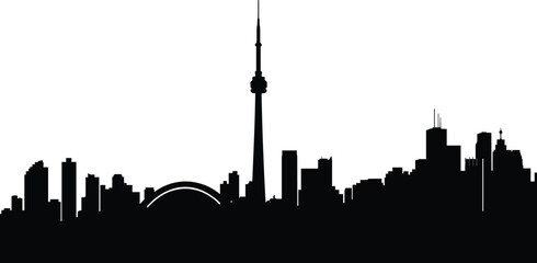 Obraz premium A set of vector silhouette illustrations featuring a city skyline with a prominent tower and modern design elements