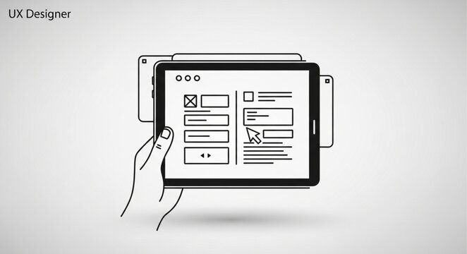 Hand holding tablet displaying user interface design concept.