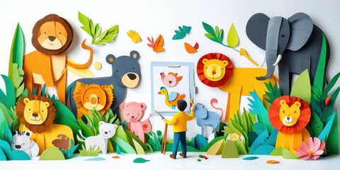 Fototapeta premium Papercraft scene depicts child drawing animals. Lush foliage surrounds playful wildlife, creating vibrant, whimsical display.