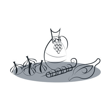 Georgian food still life with khinkali khachapuri and wine jug line art