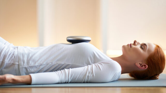 Vagus nerve stimulation device on woman lying in relaxation pose, autonomic nervous system regulation, stress management, biofeedback therapy, enhanced parasympathetic activity, wellness technology