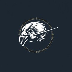 Obraz premium Cybernetic bird head logo with mechanical eye and sharp beak on dark navy blue background