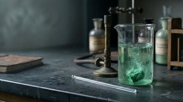 A glass beaker filled with green fracking fluid sits on a dark laboratory bench amidst vintage scientific equipment