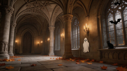 Obraz premium Luxury gothic halloween decor ghost candlelit cathedral corridor with autumn leaves and black cat creating eerie elegant mood