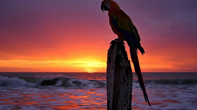 Scenic parrot perched on a wooden pole, enjoying a vibrant sunset over the ocean with crashing waves.