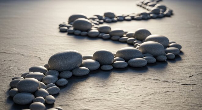 A winding path of smooth grey pebbles arranged on a textured stone surface, creating a natural and calming visual flow.
