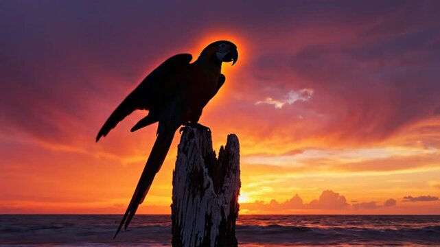 Magnificent parrot perched on weathered wooden post silhouetted against vibrant sunset over ocean