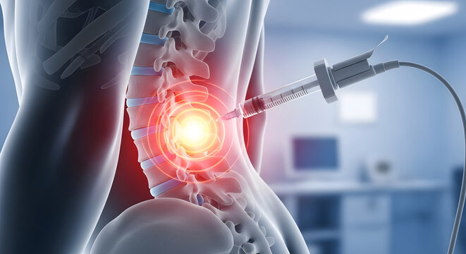 Epidural injection and spinal pain management. Medical procedure and anesthesia concept. Syringe needle injecting medicine into a glowing red human spine