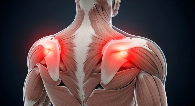 Shoulder and upper back muscle pain. Physical therapy and chiropractic care. Rear view of male muscular anatomy with bilateral shoulder inflammation and tension
