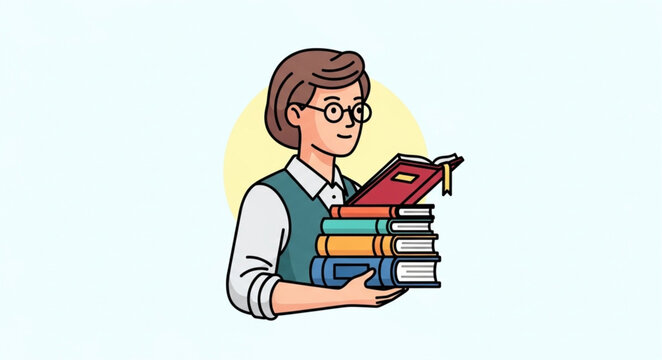 Illustration of a bespectacled woman holding a stack of books with an open book on top.