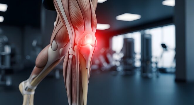 Anatomical knee muscle and tendon structure with red inflammation. Sports injury and leg rehabilitation. Detailed 3D model of human leg showing patellar pain area in gym background