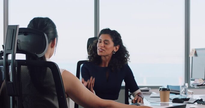 Creative, team and women with paperwork in office, discussion and planning for ad budget or campaign. Business, media strategist and people with documents for pr assignment, talking and collaboration