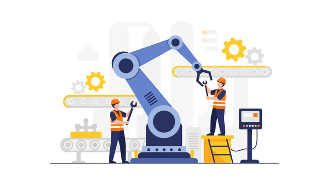 Engineers Working with Robotic Arm on Production Line. Industrial Automation, Manufacturing, and Maintenance Technology Concept.