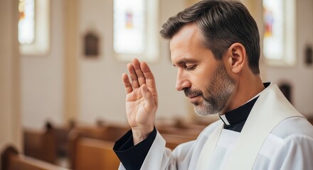 Obraz premium Male priest in a church sanctuary raises hand in blessing, wooden pews and stained glass windows visible in the background