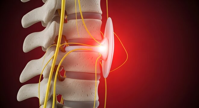 Herniated disc and spinal nerve compression. Back pain and vertebral healthcare. 3D anatomical model showing a ruptured intervertebral disc pressing on yellow nerve fibers