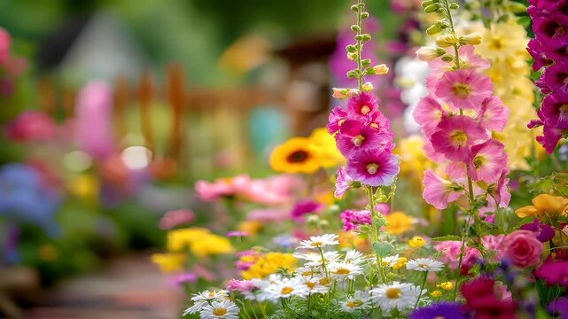 Spring season, garden park, flower, fresh, life. A vibrant garden scene features a variety of colorful flowers. The main subject is a cluster of pink and purple hollyhocks with white centers.