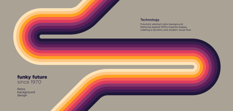 Simple background in an abstract 1970s style with rounded colorful lines. Vector illustration.