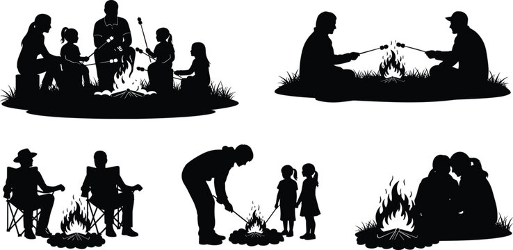 Silhouettes of families and friends sitting around campfires roasting marshmallows and relaxing outdoors during summer camping trips on a white background