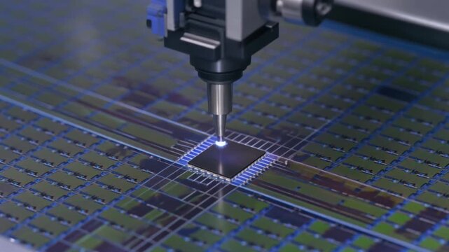 A high-speed robotic needle carving complex, glowing pathways into a silicon wafer.