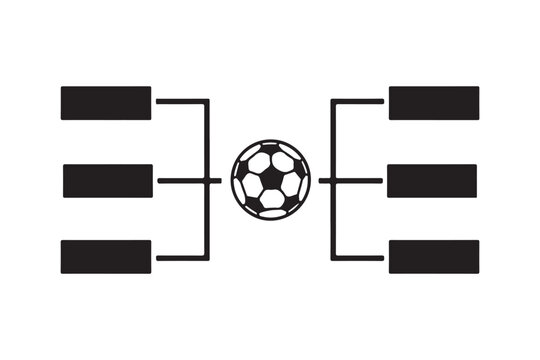 Soccer tournament playoff bracket with ball and blank team name fields, black and white flat vector illustration