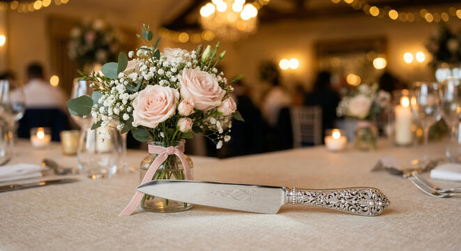 Vintage silver cake knife and pink rose bouquet on table