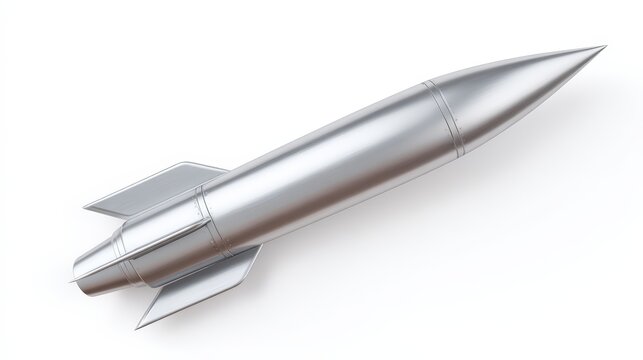 A sleek, metallic silver rocket with stabilizing fins, angled diagonally on a clean white background. It represents technology, speed, and space exploration.