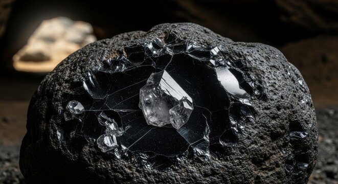 Close-up view of rough dark obsidian rock with sharp crystalline fractures showcasing its natural volcanic origin and glassy texture