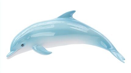 Fototapeta premium A sleek, light blue dolphin figurine with a glossy finish, gracefully arched in a leaping pose against a plain white background.