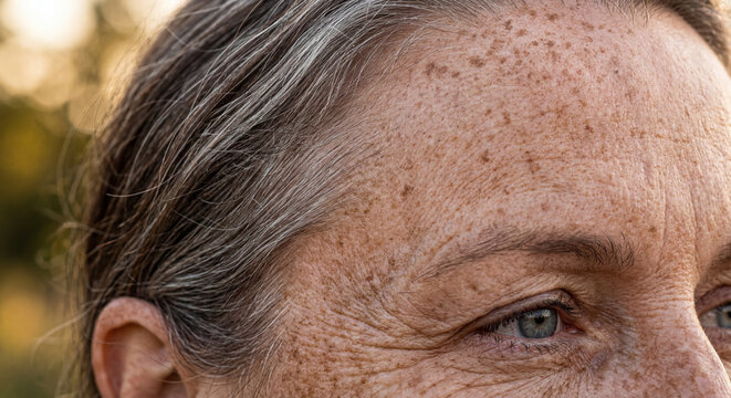 Close up of a mature woman's face showing natural wrinkles, age spots, and sun damage