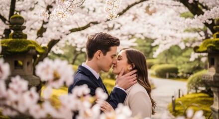 Naklejka premium Romantic Couple Kissing Under White Cherry Blossom Trees in a Japanese Garden