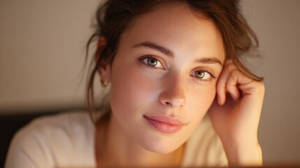 Fototapeta premium A beautiful young woman with freckles gazes calmly at the camera, her face softly lit by a warm, ambient glow.