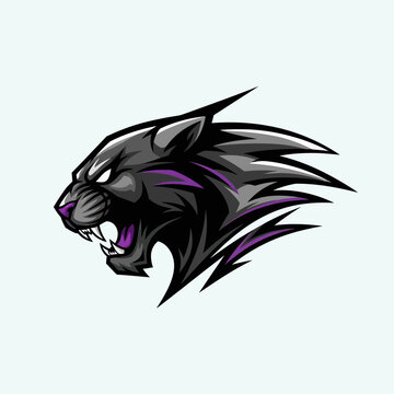 Fierce black panther head with purple accents, esports logo design.