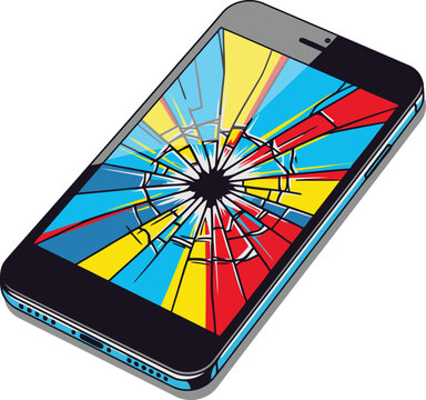 shattered iPhone illustration with a vibrant stylized crack pattern Bold colors and a playful 'Phone Fake Shock Laugh' text overlay create a striking visual