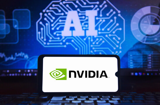 Nvidia logo on a cell phone screen with an image of artificial intelligence with integrated circuits in the brain, highlighting cutting-edge neural technology in the background.
