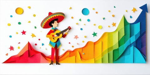 Obraz premium Papercraft depicts mariachi musician playing guitar before colorful mountain range, stars, moons. Bright, vibrant, festive scene.