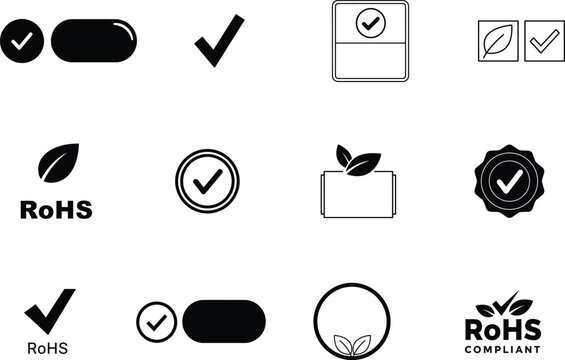 black and white icons of checkmarks and leaves for compliance and ecology