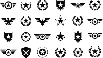 Military insignia emblems, stars wings shields, laurel wreath symbols, black white design, rank honor achievement, aviation badges, army navy airforce art © Md Shahedul