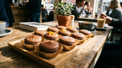 Fototapeta premium Assortment of Rich Chocolate Macarons Displayed on a Wooden Board with Coffee in the Background
