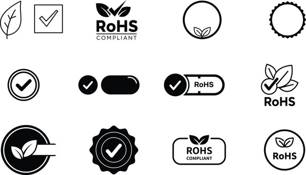 RoHS compliant icons with checkmarks and leaves for environmental certification