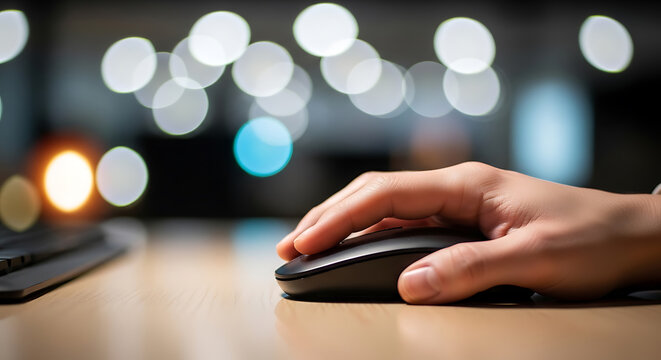 A hand using a black computer mouse with a blurred bokeh background on transparent background