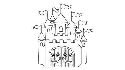 Fototapeta premium Cartoon fairy castle coloring page with happy smiling gate illustration