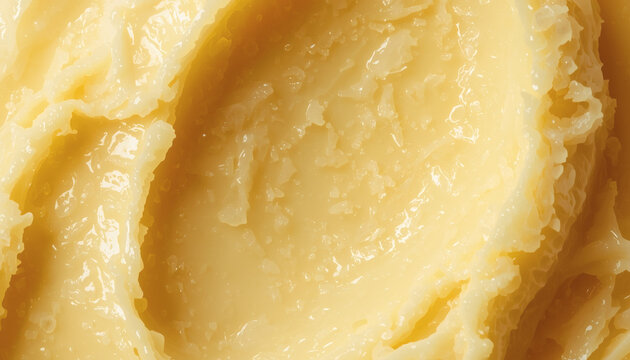 Yellow shea body butter scoop macro. Rich moisturizing cosmetic texture.