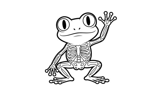 Cute cartoon frog skeleton waving hello in coloring book style line art.