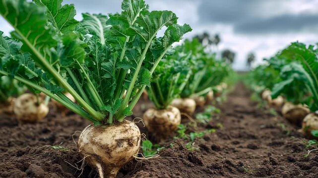 Sugar beets growing in the ground, against a blue sky. Green leaves vegetables and large white roots go into rich soil. Field of sugar beet plants, grow in rows. Crop development, farming efficiency