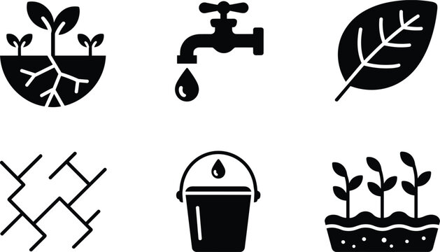 Gardening icons set, plant sprout water faucet leaf trellis bucket garden bed, agriculture illustration, horticulture design, sustainable living symbols