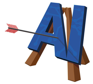 Successful AI integration and machine learning accuracy represented by an arrow hitting the center of a blue AI target on a wooden tripod stand (cut out)