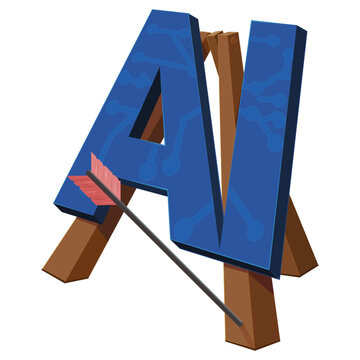 Concept of AI error, failed machine learning process, and digital inaccuracy represented by an arrow missing the blue AI target on a wooden stand (cut out)
