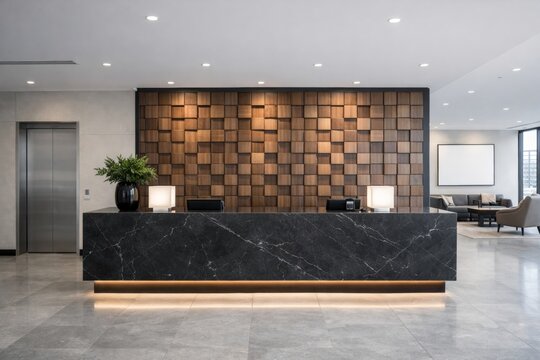 Modern hotel lobby with marble desk and wooden wall design. Ai generative
