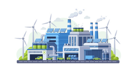 Fototapeta premium Sustainable Green Energy Factory with Solar Panels, Wind Turbines & Electric Vehicles